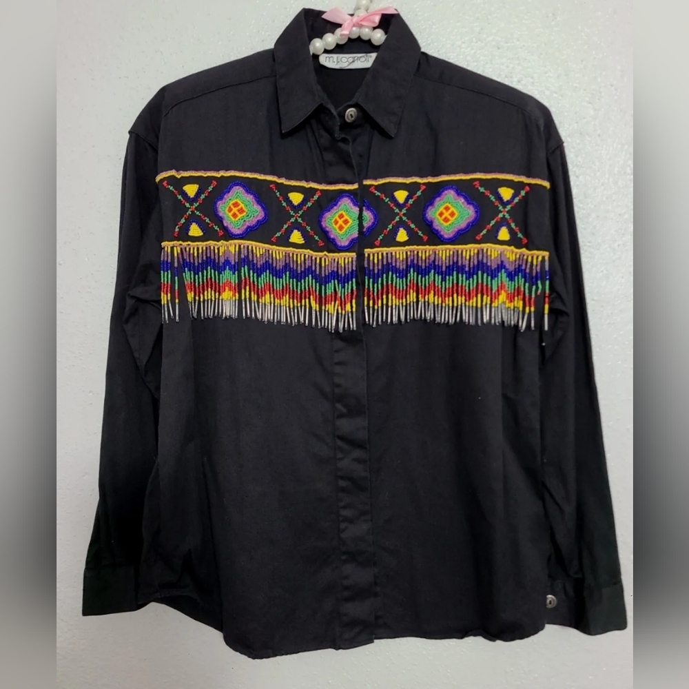 Vintage m.j Carroll Black Southwestern  Beaded Long Sleeve Shirt Cotton Medium